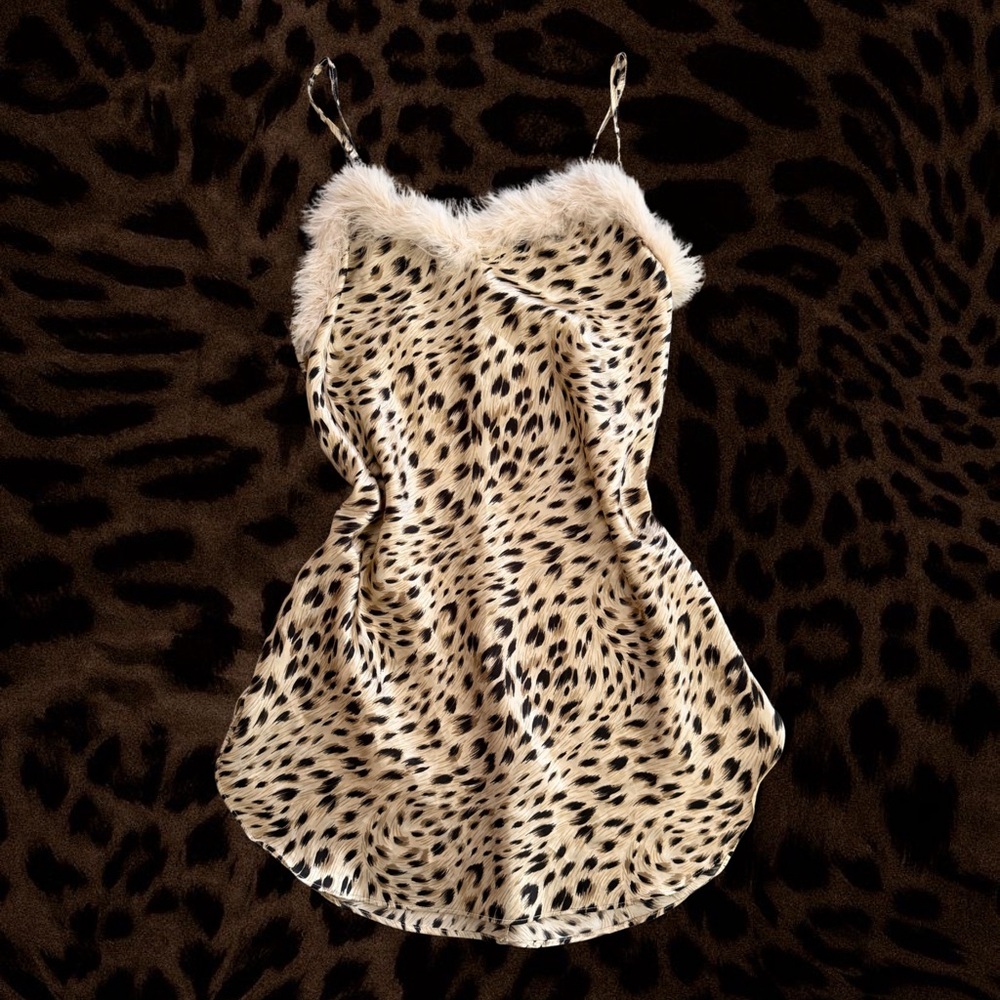 Y2K Cinema Exoile Leopard Print Faux Fur Trim Slip Dress